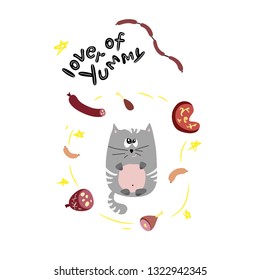 Fat gray cat loves meat products and dreams of them.
