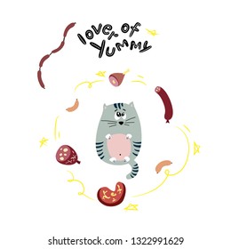 Fat gray cat loves meat products and dreams of them. Funny illustration.