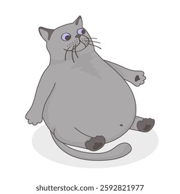 A fat gray cat is sitting in place with surprised eyes - a cartoon-style image