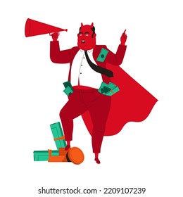 Fat Greedy Red Man Capitalist Holding Megaphone Giving Command Standing On Money Pile Vector Illustration