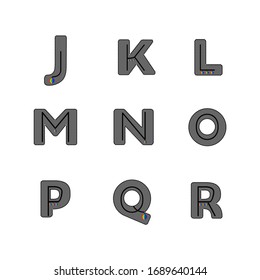 Fat grey alphabet set. Jklmnopqr letters. Lettering type characters with ornamental rainbow balls and pattern lines. Vector illustration font for children education cards banners tags journal and logo