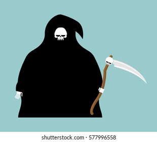 fat Grim Reaper with scythe isolated. Death in hood on white background