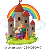 A fat, grumpy king cartoon stands in front of a castle in a vector illustration