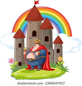 A fat, grumpy king cartoon stands in front of a castle