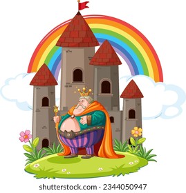 A fat, grumpy king cartoon stands in front of a castle in a vector illustration