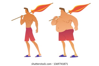 A fat guy and an athlete. Before and after.Soon on the beach, 
It's time to go to the gym.Vector illustration