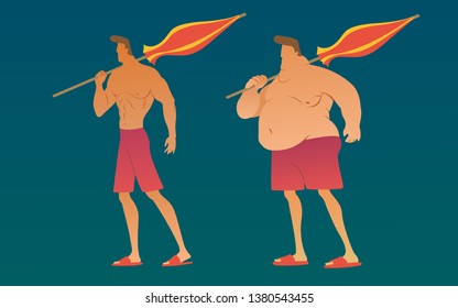 A fat guy and an athlete. Before and after.Soon on the beach, 
It's time to go to the gym.Vector illustration