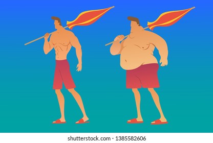 A fat guy and an athlete. Before and after.Soon on the beach, It's time to go to the gym.Vector illustration