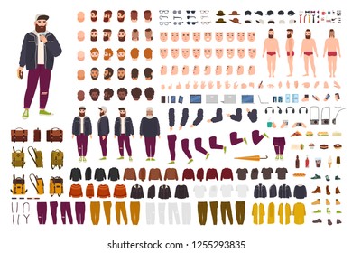 Fat guy constructor set or DIY kit. Bundle of flat cartoon character body parts, poses, gestures, clothes isolated on white background. Front, side, back view. Flat cartoon vector illustration.