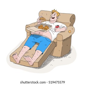 Fat Guy Couch Potato Obesity. A hand drawn vector cartoon illustration of a lazy fat guy eating pizza and drinking soda on the couch.