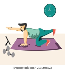 Fat guy do yoga in the house