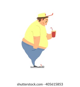 Fat Guy Drinking Soda Flat Vector Cartoon Style Funny Illustration On White Background