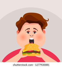 Fat guy is eating a big hamburger. Vector illustration.
