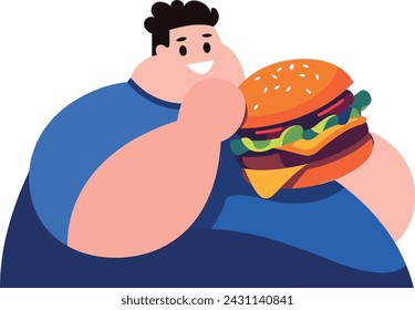 fat guy eating burger flat style isolated on background