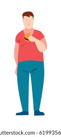 Fat guy eating burger vector illustration isolated on white background. Male character in flat design.