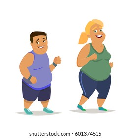 Fat guy and the girl do sports.The problem with excess weight. Vector illustration in flat design.