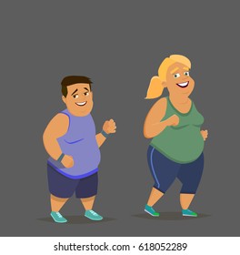 Fat guy and the girl do sports.The problem with excess weight. Vector illustration of a flat design.