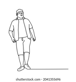 Fat guy with glasses walking. Hand drawn vector illustration. Black and white.