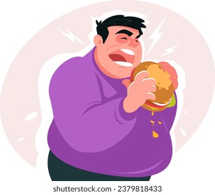 Fat guy with hamburger in his hands is about to eat. Stock vector illustration