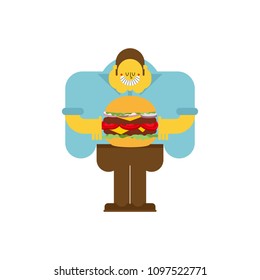 Fat guy and hamburger. obesity man and burger. Vector illustration
