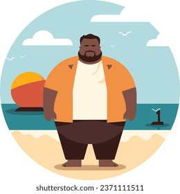 Fat guy having fun on the beach, flat illustration vector art