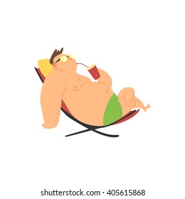Fat Guy On The Sunbed Flat Vector Cartoon Style Funny Illustration On White Background