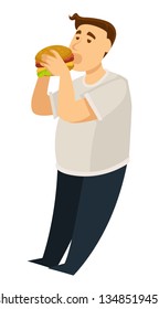 Fat guy overeating obesity man eating hamburger vector isolated male character burger fast food excess weight slow metabolism and digestion problem junk food heart disease risk high cholesterol