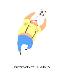 Fat Guy Playing Football Flat Vector Cartoon Style Funny Illustration On White Background