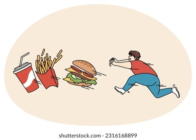 Fat guy running after fast food suffer from obesity and bad habits. Hungry overweight man pursue fries and hamburger, enjoy eating junk food. Diet and healthy lifestyle. Vector illustration.