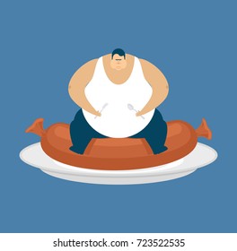Fat guy and sausage. Glutton Thick man and food. fatso vector illustration
