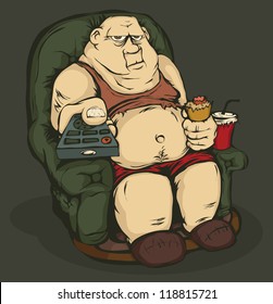 The fat guy is sitting in a chair with remote control in hand. Color the picture.