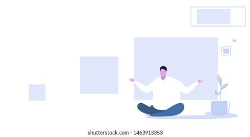 fat guy sitting lotus pose on floor obese over weight man keeping calm yoga meditation concept sketch full length horizontal