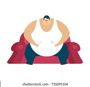 Fat guy is sitting on chair. Glutton or Thick man. Vector illustration