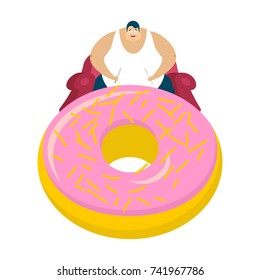 Fat guy is sitting on chair and donut. Glutton Thick man and cake. fatso vector illustration