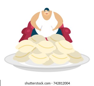 Fat guy is sitting on chair and dumplings. Glutton Thick man and food. fatso vector illustration