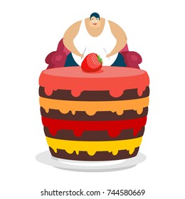 Fat guy is sitting on chair and cake. Glutton Thick man and pie. fatso vector illustration
