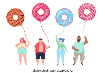 Fat guys with doughnut balls. Overweight men and women standing in row, unhealthy food habits. Body positive people. Young obese characters with balloons. Vector cartoon isolated concept