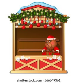 Fat hamster works as a seller in a Christmas shop isolated on a white background. Cartoon vector illustration close-up.