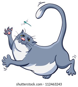 Fat happy cat catches a dragonfly