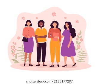 Fat happy girls. Body positive and self love. Acceptance of shortcomings, mental health and psychology. Poster or banner for site. Tolerance and respect, support. Cartoon flat vector illustration