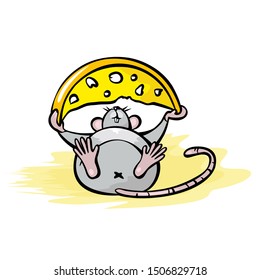 Fat happy grey rat or mouse laying on the back belly up with piece of cheese in its hands. Cartoon vector illustration, symbol of chinese horoscope