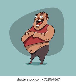 Fat happy man. Obese male. Vector cartoon illustration of people with overweight isolated on background.