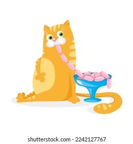 A fat happy red cat sits and eats sausages from a dish. Isolated vector illustration