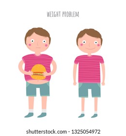 Fat and healty boy set. Weight problem illustration. Hand drawn teenagers