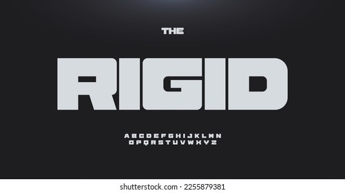 Fat heavy alphabet, squared sans serif letters, wide bold font for rigid sport logo, sturdy headline, tough typography, car and fight game design. Vector typographic design - Shutterstock ID 2255879381