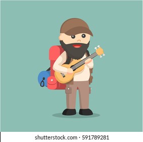 fat hiker playing guitar