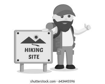 fat hiker standing beside hiking site sign black and white style