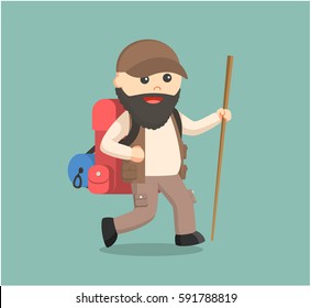 fat hiker walking with stick