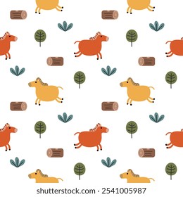 Fat horse cartoon so cute. On timber tree grass white background. Pattern seamless vector illustration. 