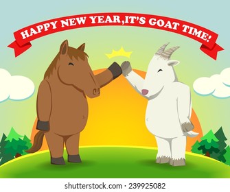 Fat horse give high five with Fat goat as a year's zodiac change from horse to goat over the hill with sunrise